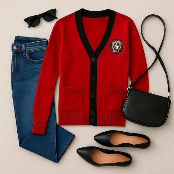 Abercrombie Cardigan Sweater Red V Neck Logo Patch Preppy Knit Small - Picture 2 of 11